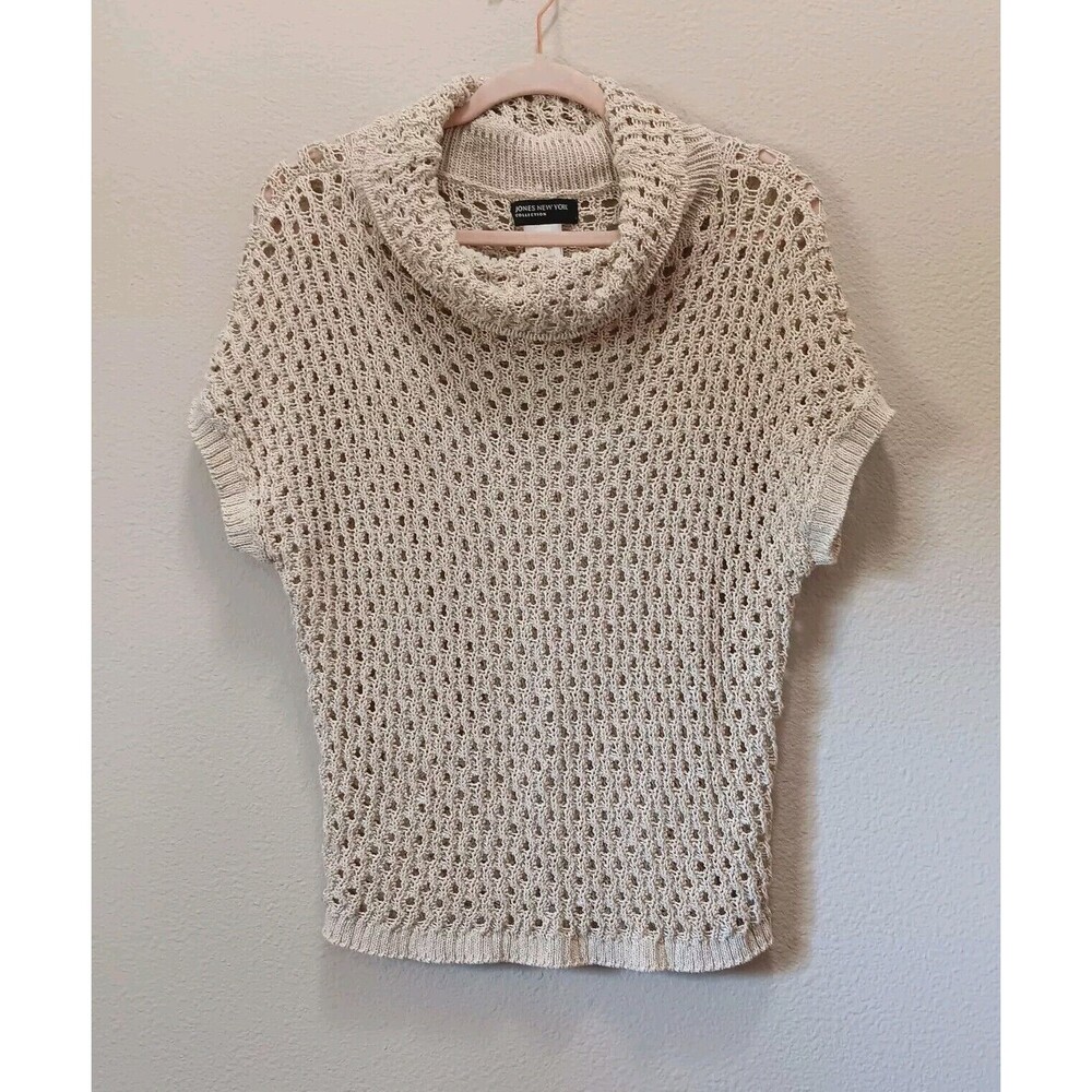 Jones New York Net Blouse Size Medium Cowl Neck Short Sleeve Metallic Brown